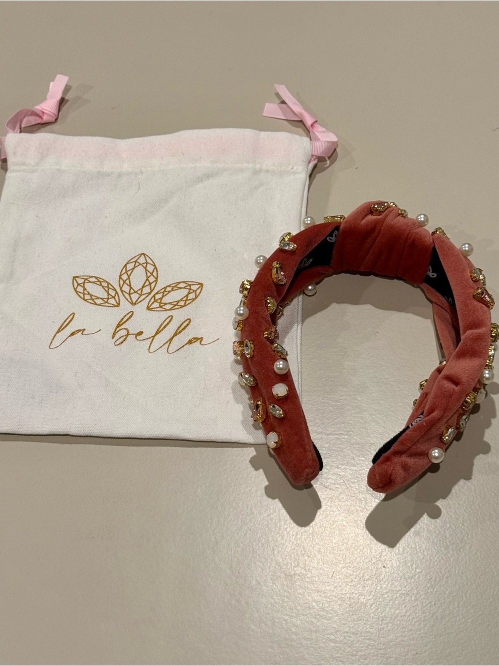 Pink Velvet Pearl & Gold-Trim Headband